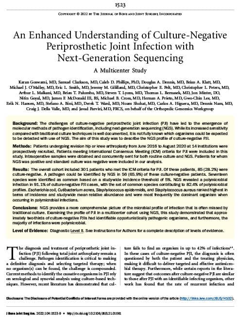 An Enhanced Understanding of Culture-Negative Periprosthetic Joint Infection with Next-Generation Sequencing A Multicenter Study