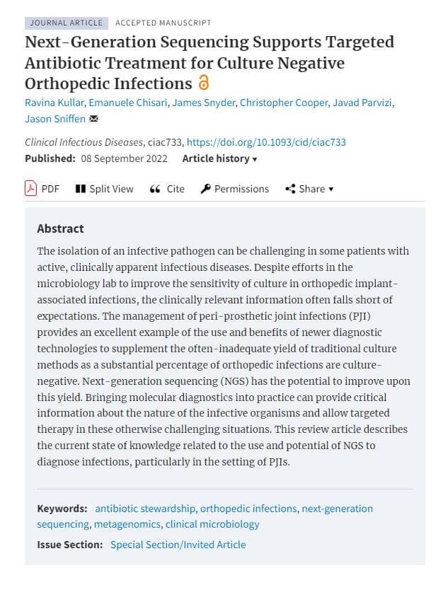 Next-Generation Sequencing Supports Targeted Antibiotic Treatment for Culture Negative Orthopedic Infections