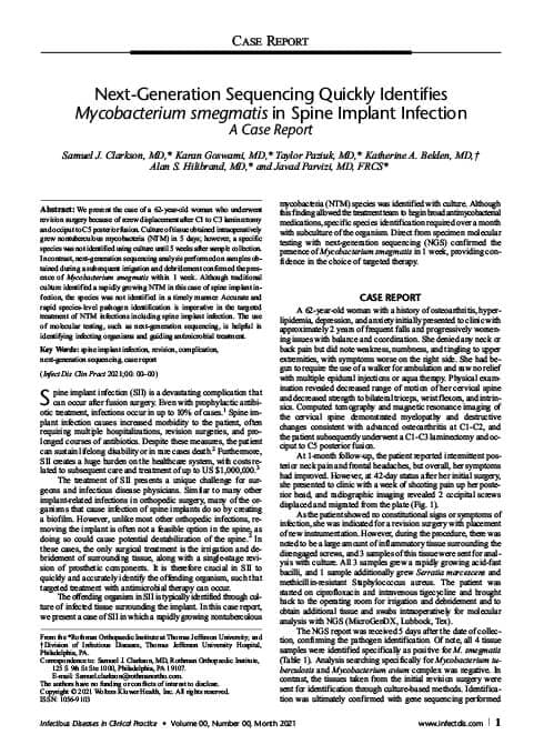 Next-Generation Sequencing Quickly Identifies Mycobacterium smegmatis in Spine Implant Infection - A Case Report