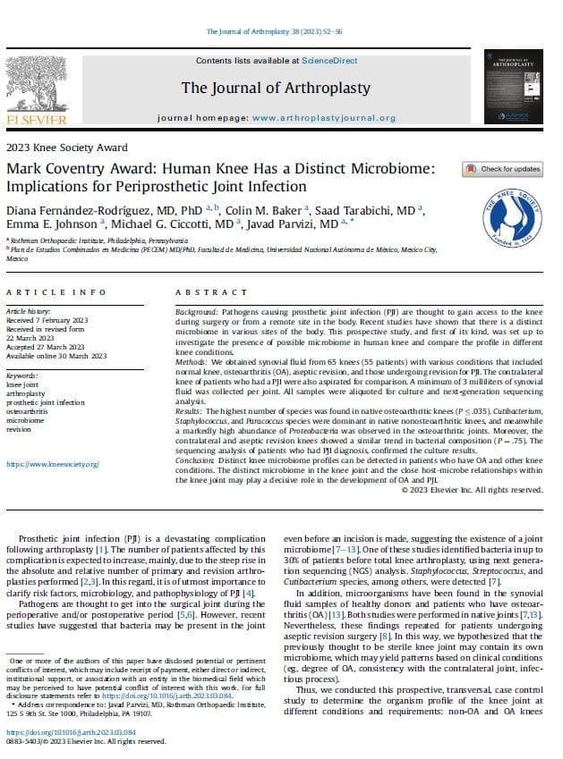 Mark Coventry Award Human Knee Has a Distinct Microbiome Implications for Periprosthetic Joint Infection