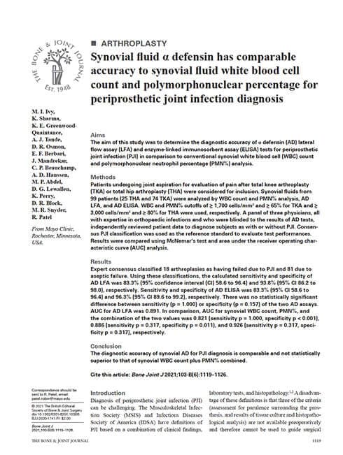 Synovial fluid α defensin has comparable accuracy to synovial fluid white blood cell count and polymorphonuclear percentage for periprosthetic joint infection diagnosis