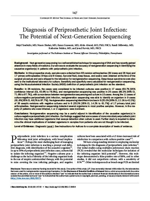 Tarabichi M, Shohat N, Goswami K, et al. Diagnosis of Periprosthetic Joint Infection: The Potential of Next-Generation Sequencing.