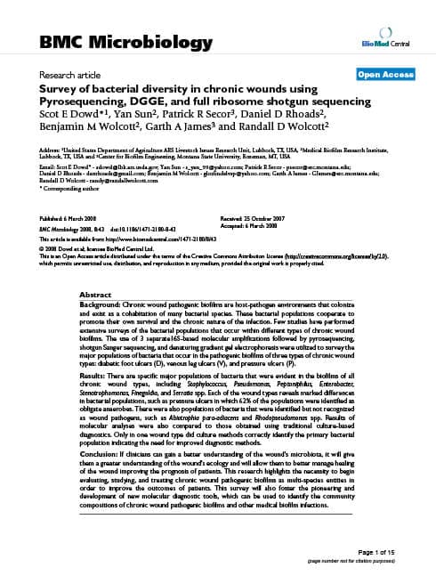 Survey of bacterial diversity in chronic wounds using Pyrosequencing, DGGE, and full ribosome shotgun sequencing.