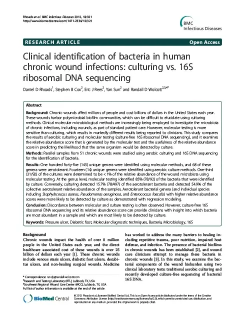 Clinical identification of bacteria in human chronic wound infections: culturing vs. 16S ribosomal DNA sequencing.